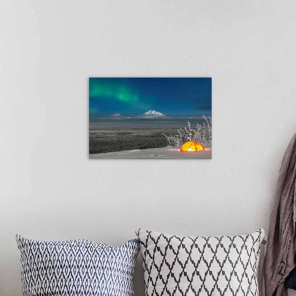 A bohemian room featuring Green Aurora Borealis shines above moonlight casting light on Mount Drum and the Copper River Val...