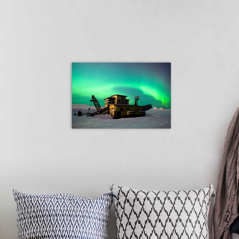 A bohemian room featuring Green Northern Lights Dance Over A Historical Gold Dredge Near Nome, Alaska