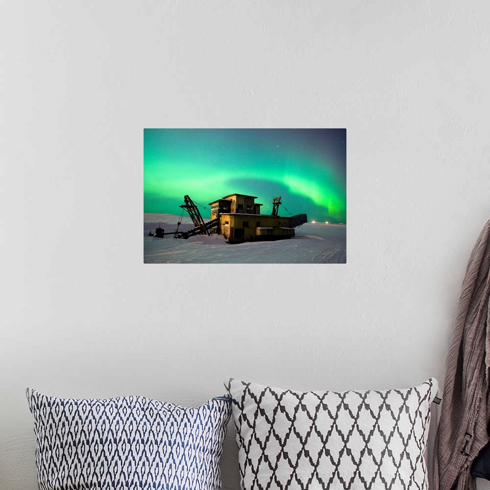 A bohemian room featuring Green Northern Lights Dance Over A Historical Gold Dredge Near Nome, Alaska