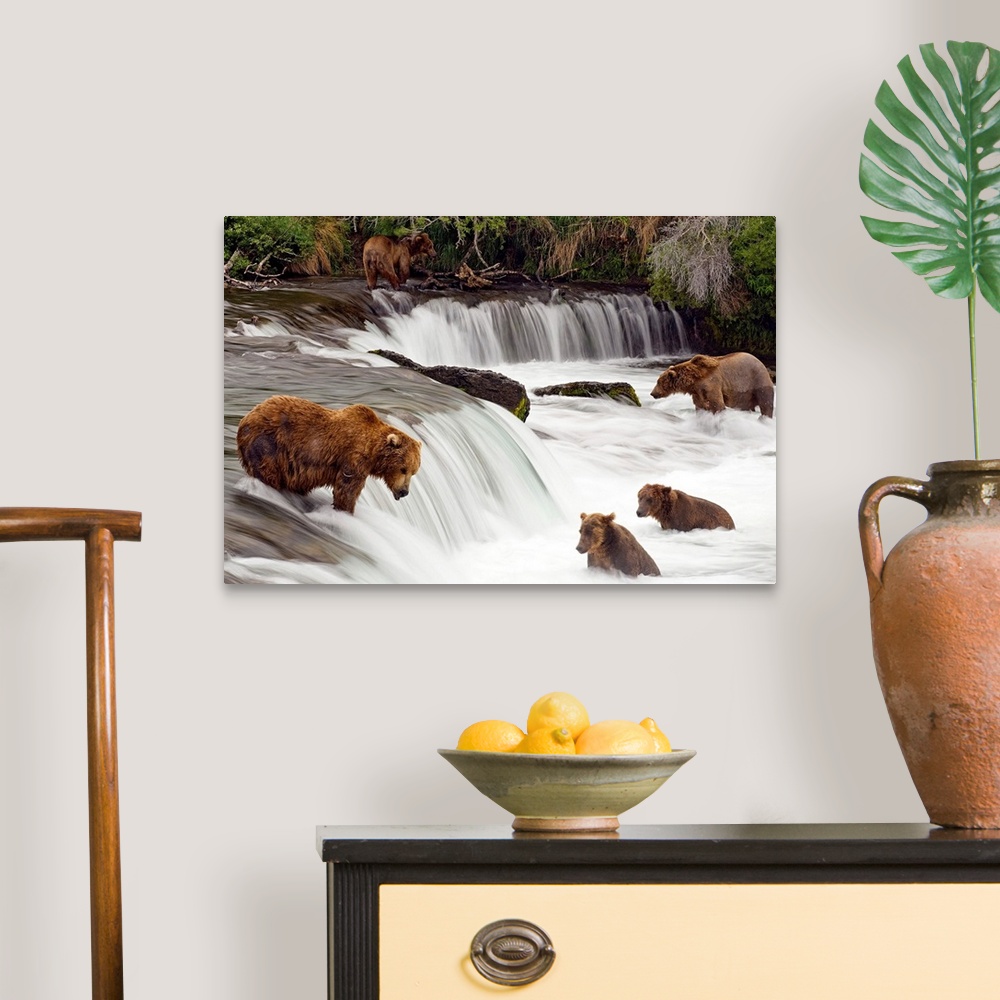 A traditional room featuring Big canvas print of brown bears trying to catch fish near a small waterfall in the forest.