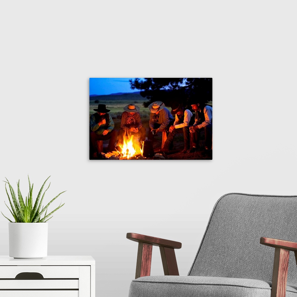 A modern room featuring Group Of Cowboys Around A Campfire