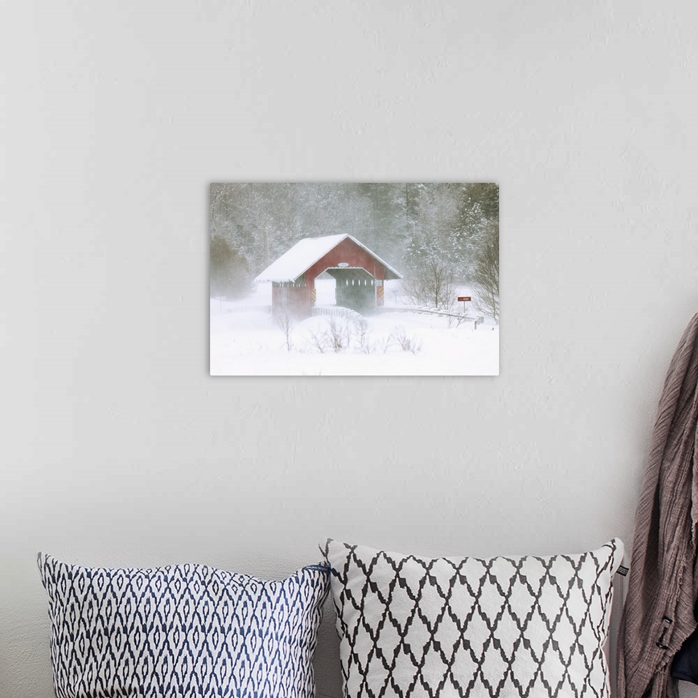 A bohemian room featuring Guthrie Covered Bridge In Blowing Snow, Saint-Armand, Quebec, Canada