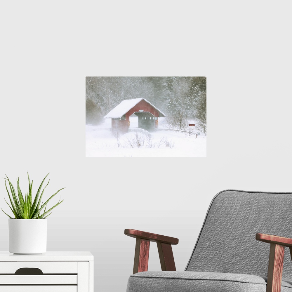 A modern room featuring Guthrie Covered Bridge In Blowing Snow, Saint-Armand, Quebec, Canada