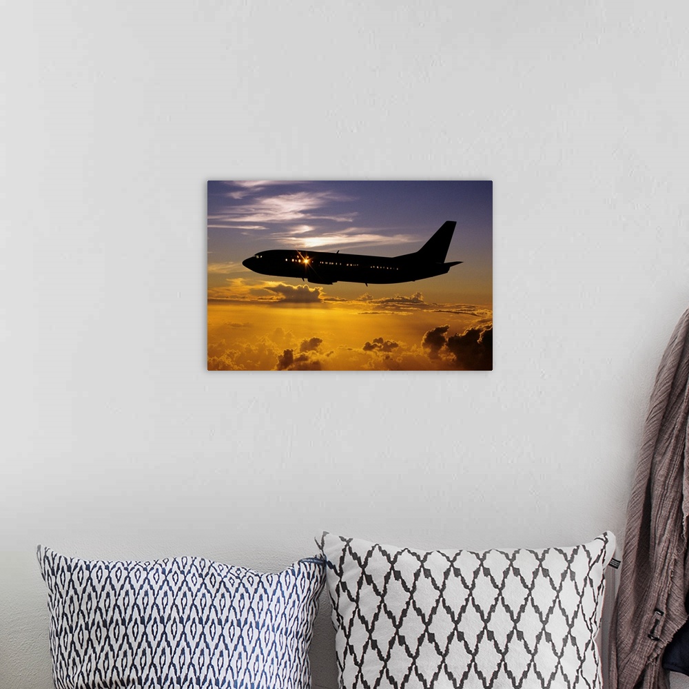 A bohemian room featuring Hawaii, Airplane In Silhouette Sunset In Sky