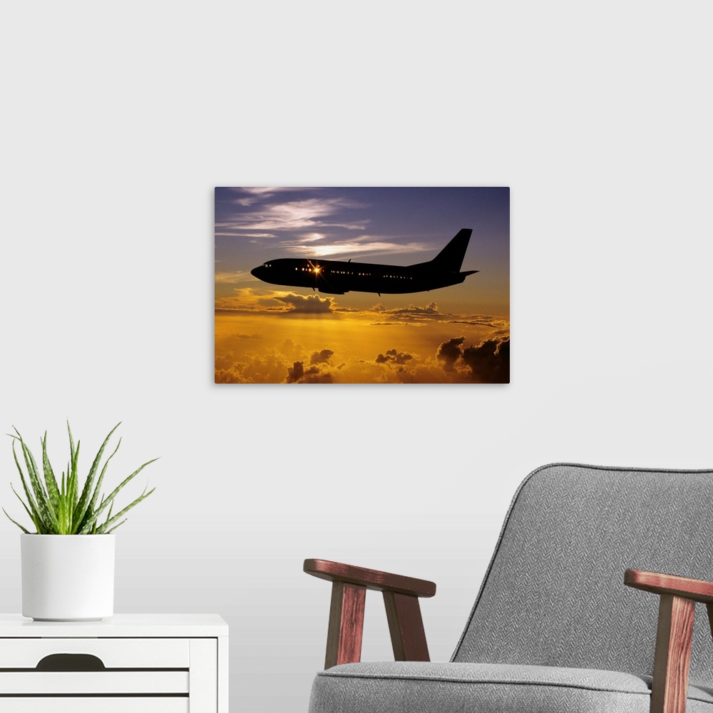 A modern room featuring Hawaii, Airplane In Silhouette Sunset In Sky