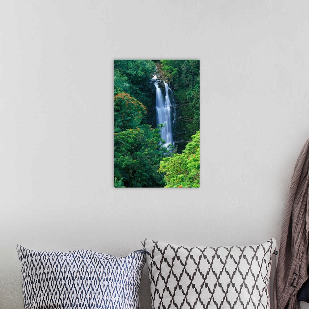 A bohemian room featuring Hawaii, Big Island, Hamakua Coast, Waterfall Surrounded By Greenery