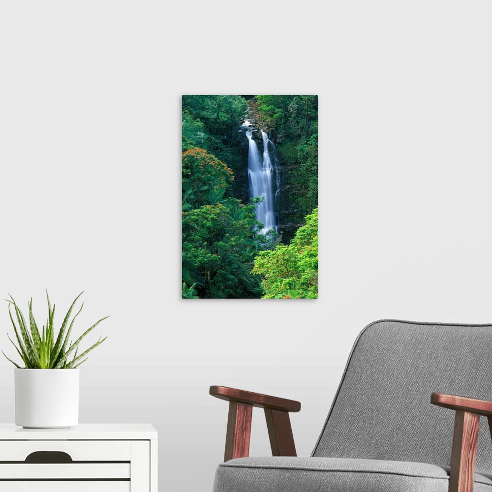 A modern room featuring Hawaii, Big Island, Hamakua Coast, Waterfall Surrounded By Greenery