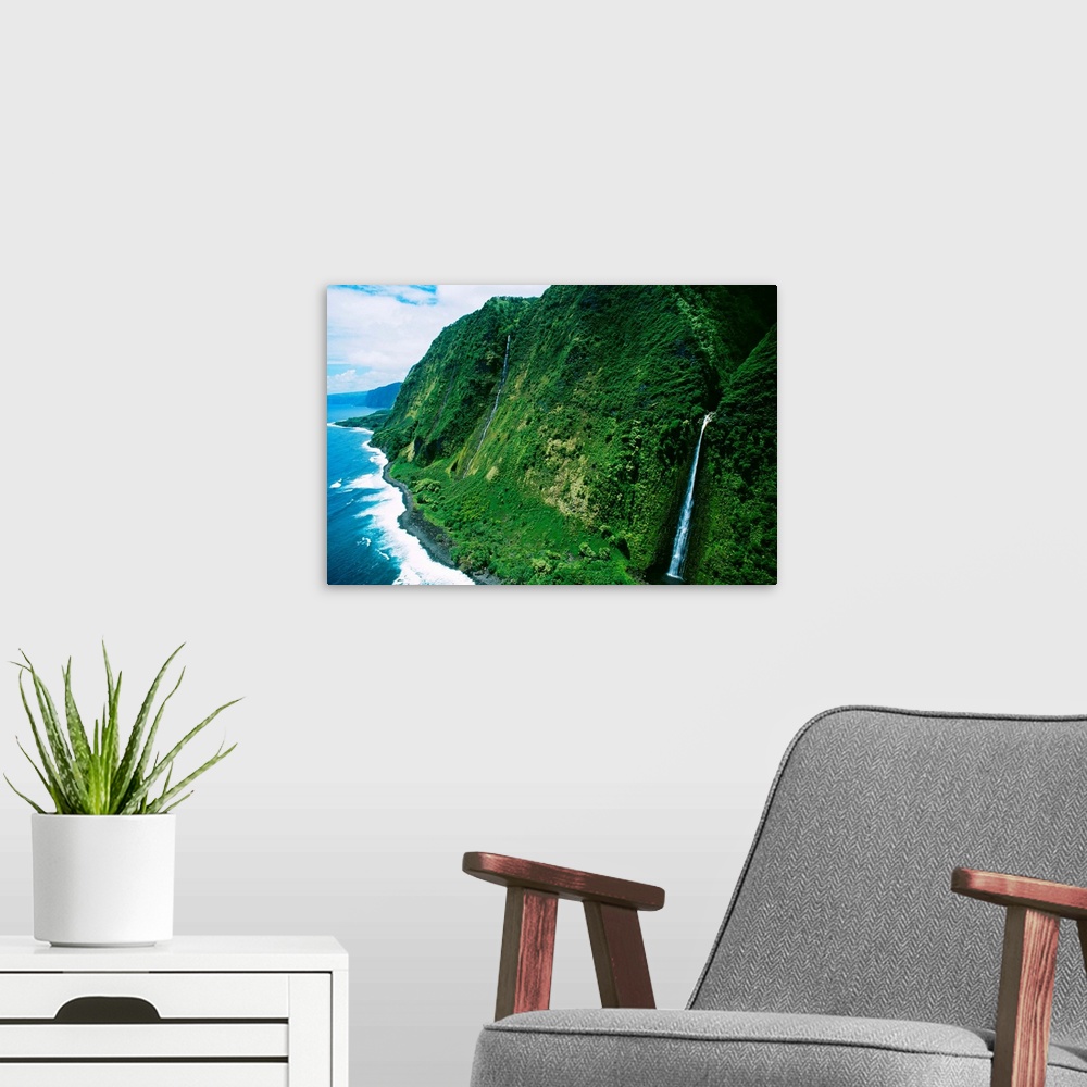 A modern room featuring Hawaii, Big Island, Hamakua Coast, Waterfalls Cascade Into The Ocean