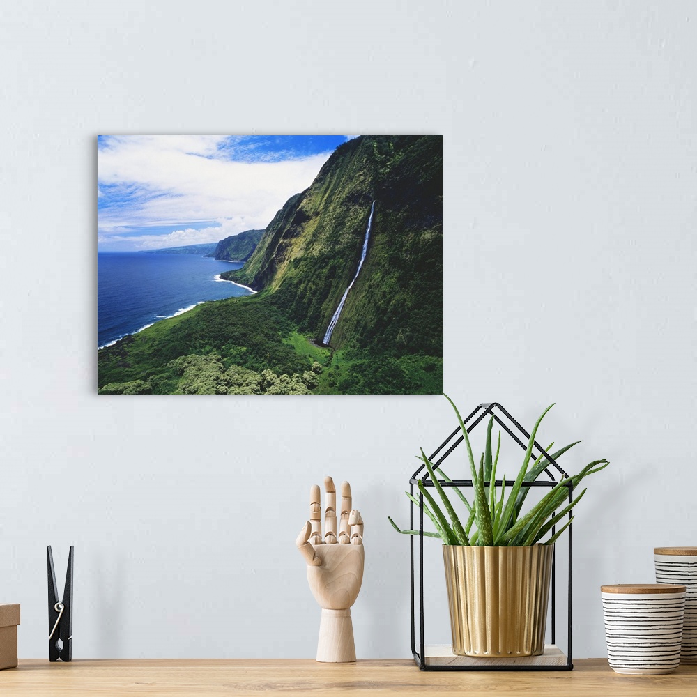 A bohemian room featuring Hawaii, Big Island, Hamakua Coast, Waterfalls Cascade Into The Ocean
