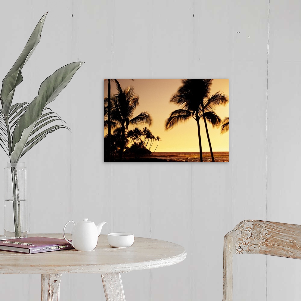 A farmhouse room featuring Hawaii, Big Island, Mauna Lani Resort, Ocean And Silhouetted Palm Trees At Sunset