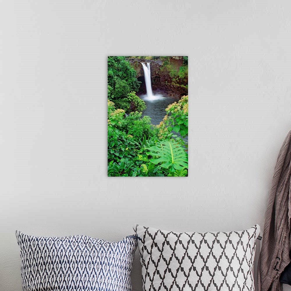 A bohemian room featuring Hawaii, Big Island, Rainbow Falls, Pool Surrounded By Tropical Foliage