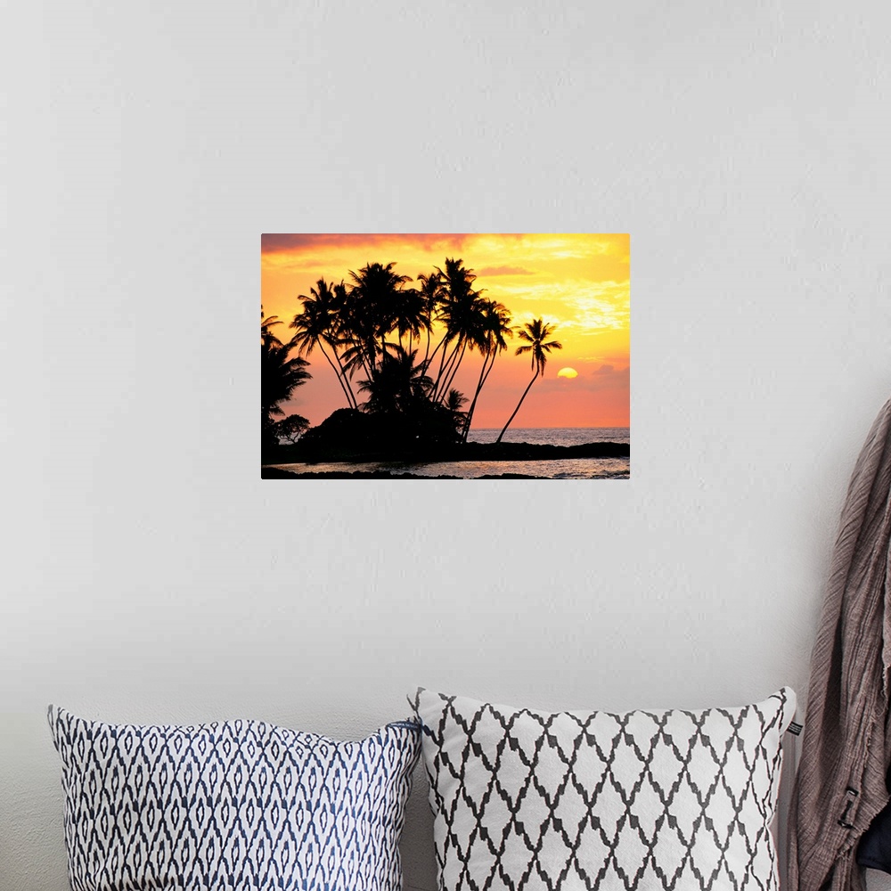 A bohemian room featuring Hawaii, Big Island, Wailua Bay, View Of Palm Trees At Sunset, Calm Ocean Waters