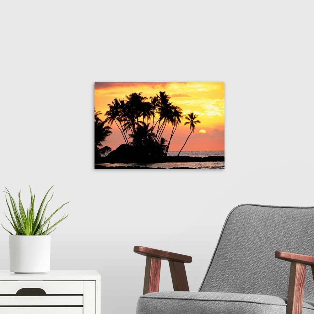 A modern room featuring Hawaii, Big Island, Wailua Bay, View Of Palm Trees At Sunset, Calm Ocean Waters