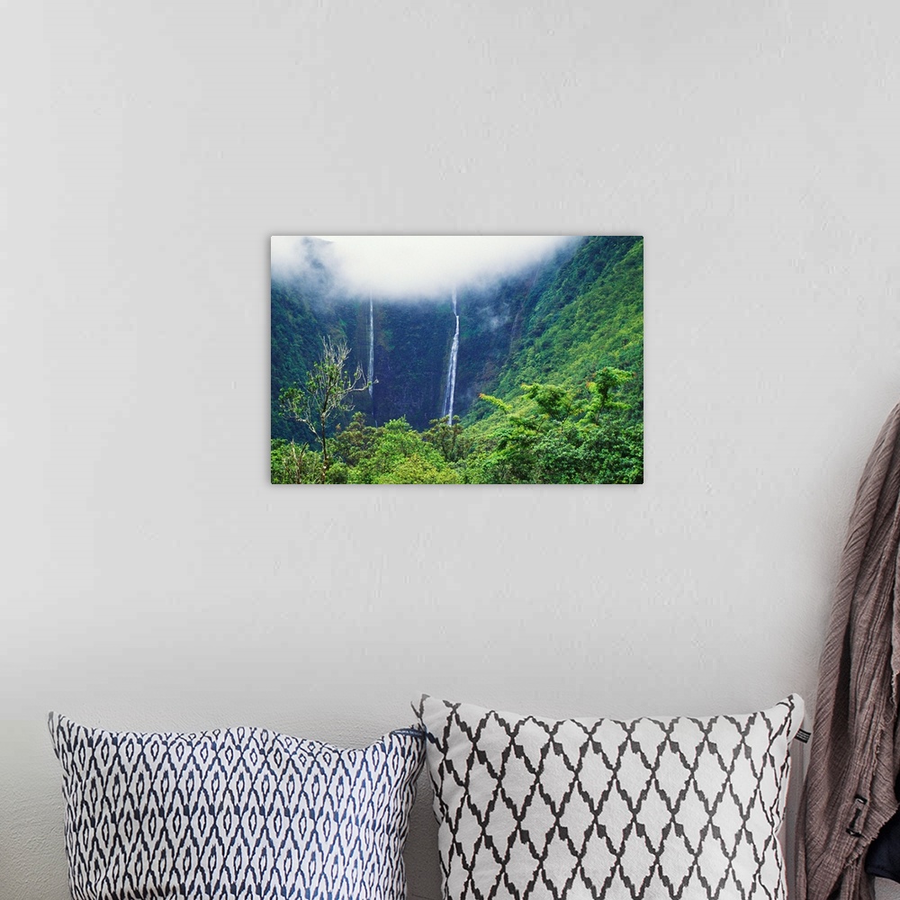 A bohemian room featuring Hawaii, Big Island, Waipio Valley, Twin Waterfalls With Lush Green Forest