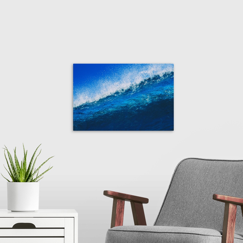 A modern room featuring Hawaii, Bright Blue Wave At It's Peak With White Wash, Blue Sky