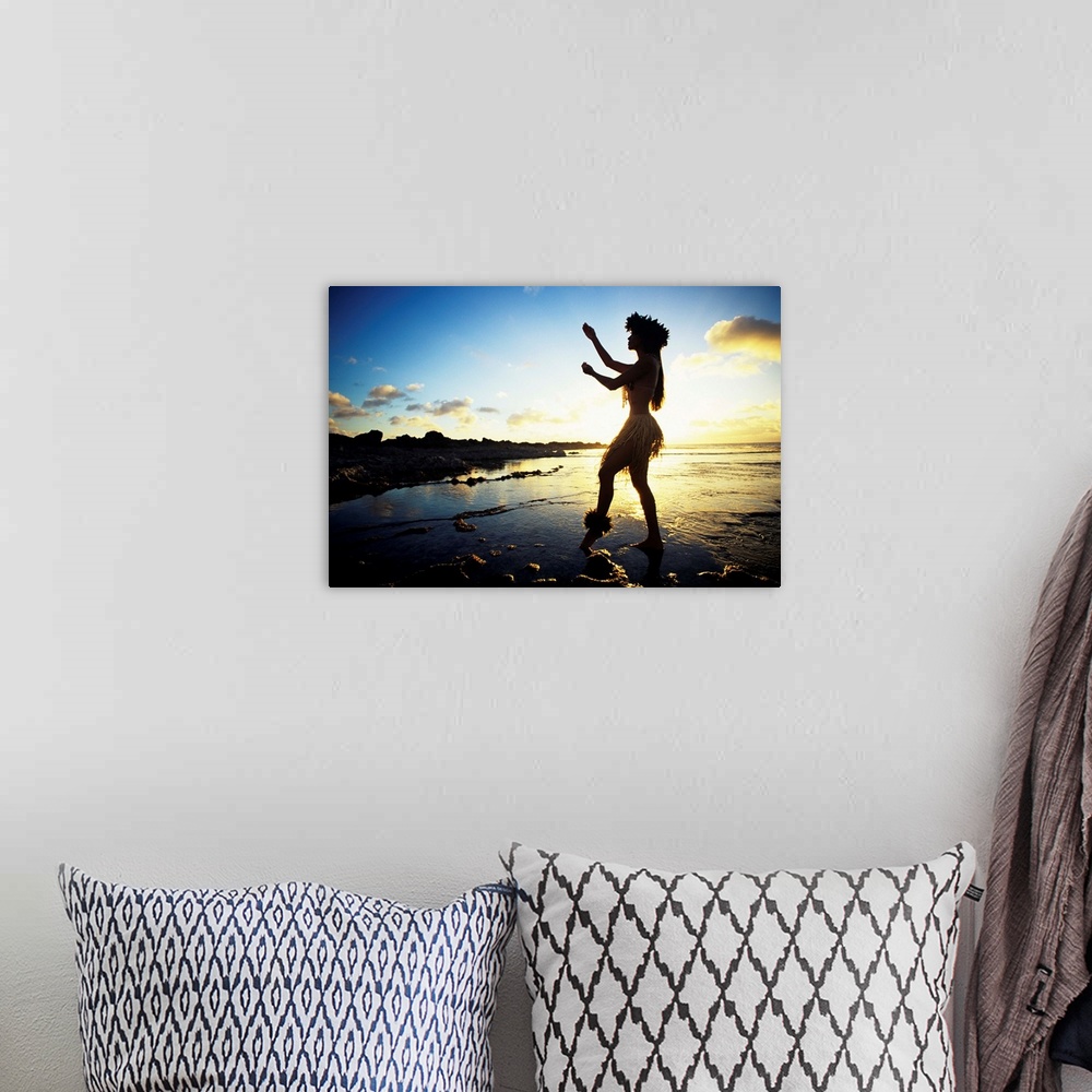 A bohemian room featuring Hawaii, Female Hula Dancer On Beach, Silhouetted By Sunset