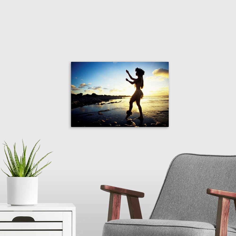 A modern room featuring Hawaii, Female Hula Dancer On Beach, Silhouetted By Sunset