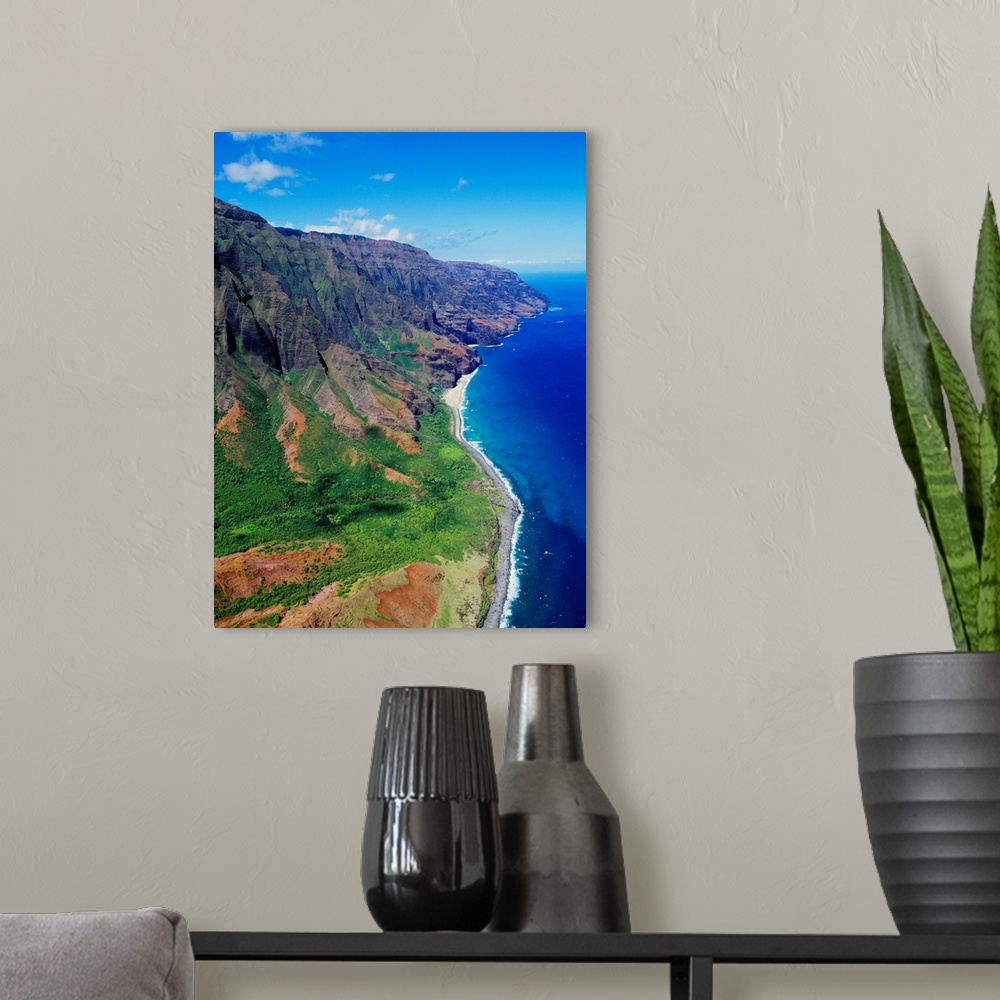A modern room featuring Hawaii, Kauai, Aerial Along Napali Coastline With Amazing Ridges, Remote Beaches