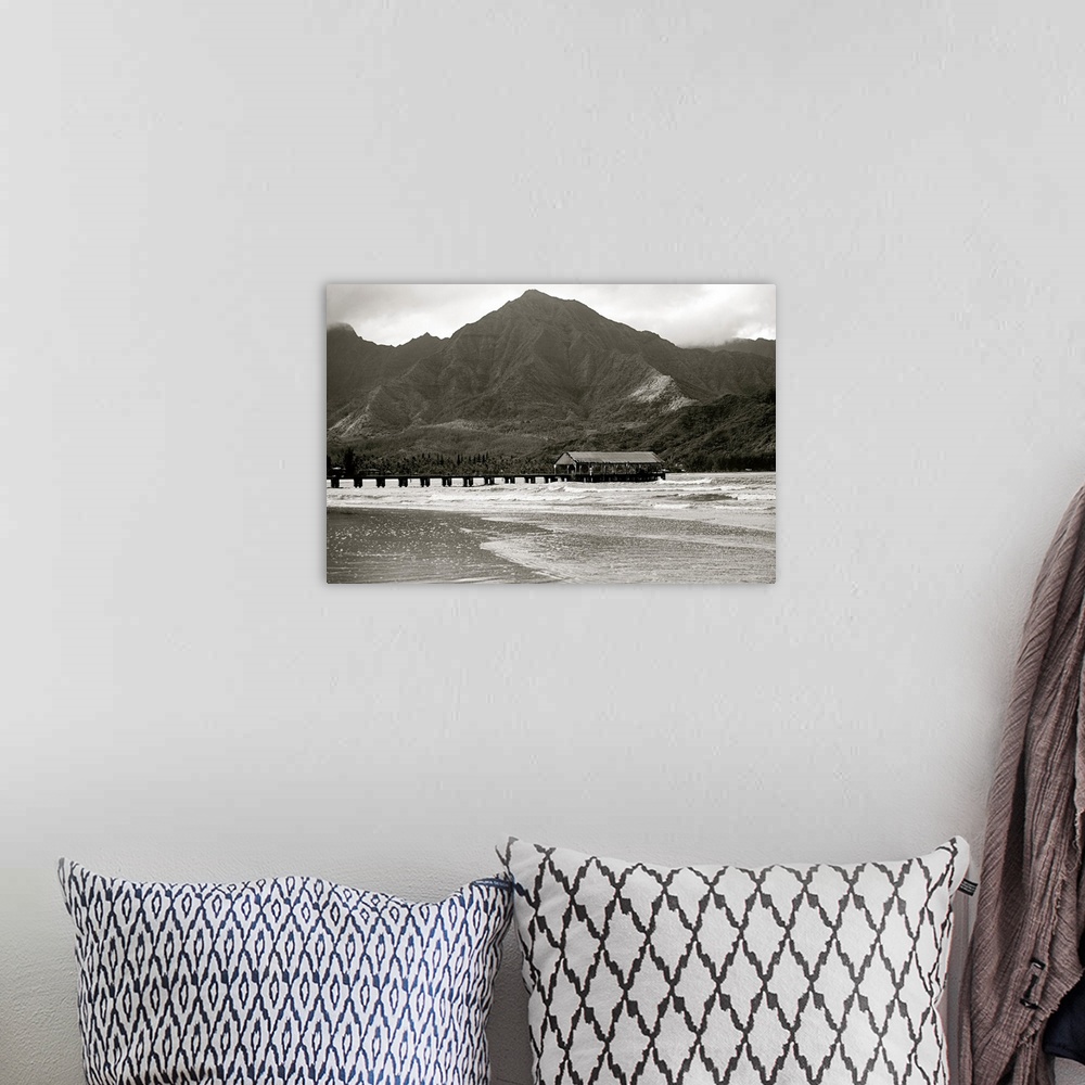 A bohemian room featuring Hawaii, Kauai, Hanalei Bay And Pier At Sunset, Black And White