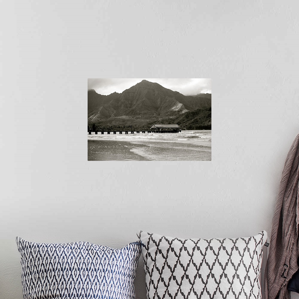 A bohemian room featuring Hawaii, Kauai, Hanalei Bay And Pier At Sunset, Black And White