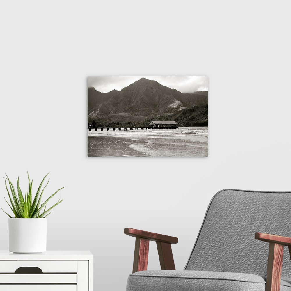 A modern room featuring Hawaii, Kauai, Hanalei Bay And Pier At Sunset, Black And White