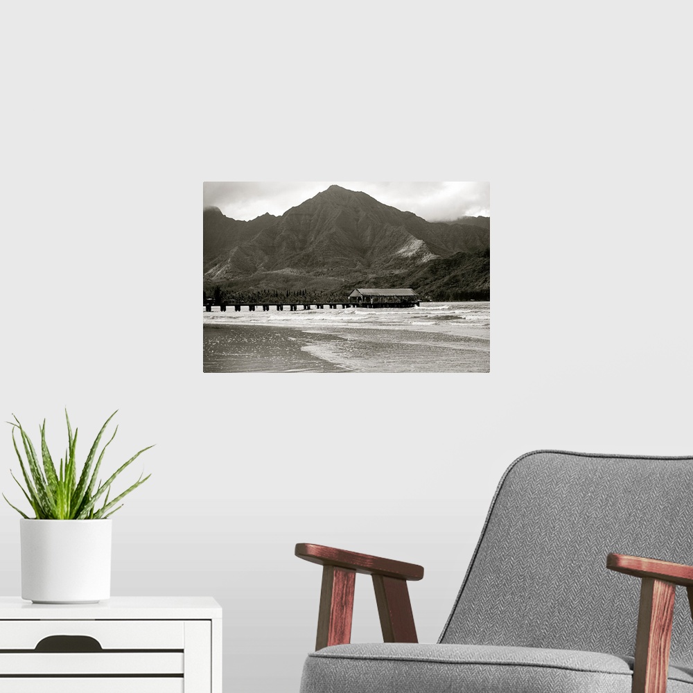A modern room featuring Hawaii, Kauai, Hanalei Bay And Pier At Sunset, Black And White
