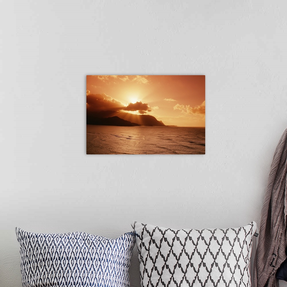 A bohemian room featuring Hawaii, Kauai, Hanalei Bay, Bali Hai Point, Red Sunset, Sunburst