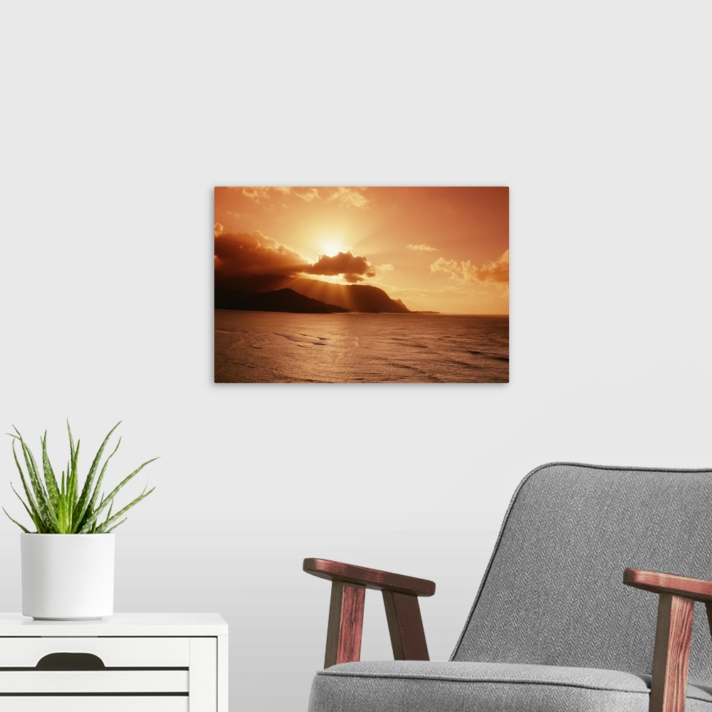 A modern room featuring Hawaii, Kauai, Hanalei Bay, Bali Hai Point, Red Sunset, Sunburst