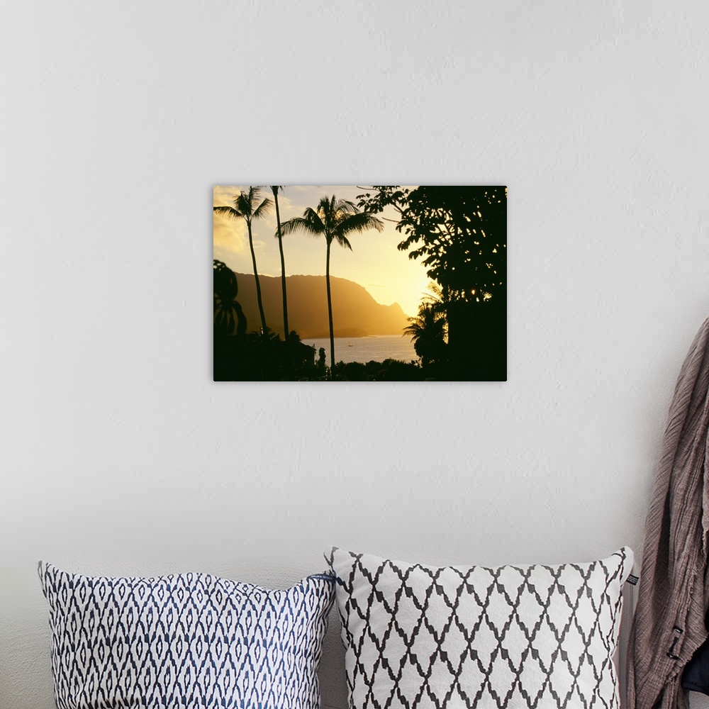 A bohemian room featuring Hawaii, Kauai, Hanalei Bay, Bali Hai, Yellow Sunset Through Palm Trees