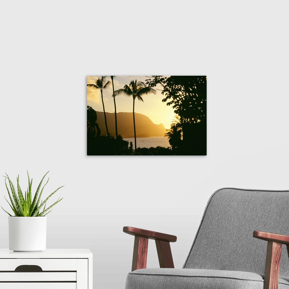 A modern room featuring Hawaii, Kauai, Hanalei Bay, Bali Hai, Yellow Sunset Through Palm Trees