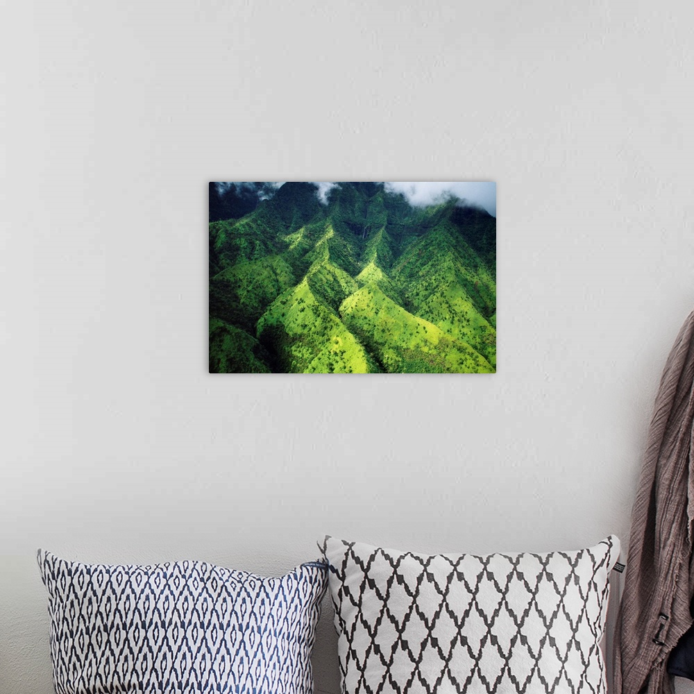A bohemian room featuring Hawaii, Kauai, Makalena Mountains, Lush Aerial View Of Mountain