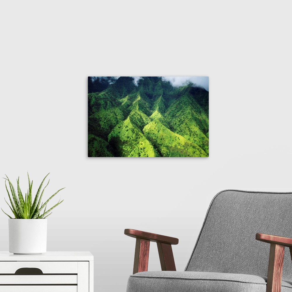 A modern room featuring Hawaii, Kauai, Makalena Mountains, Lush Aerial View Of Mountain