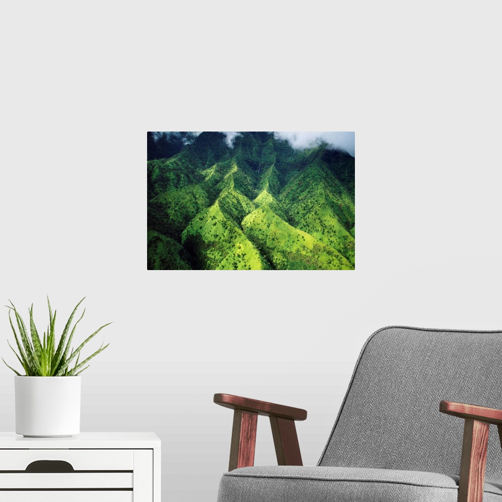 A modern room featuring Hawaii, Kauai, Makalena Mountains, Lush Aerial View Of Mountain
