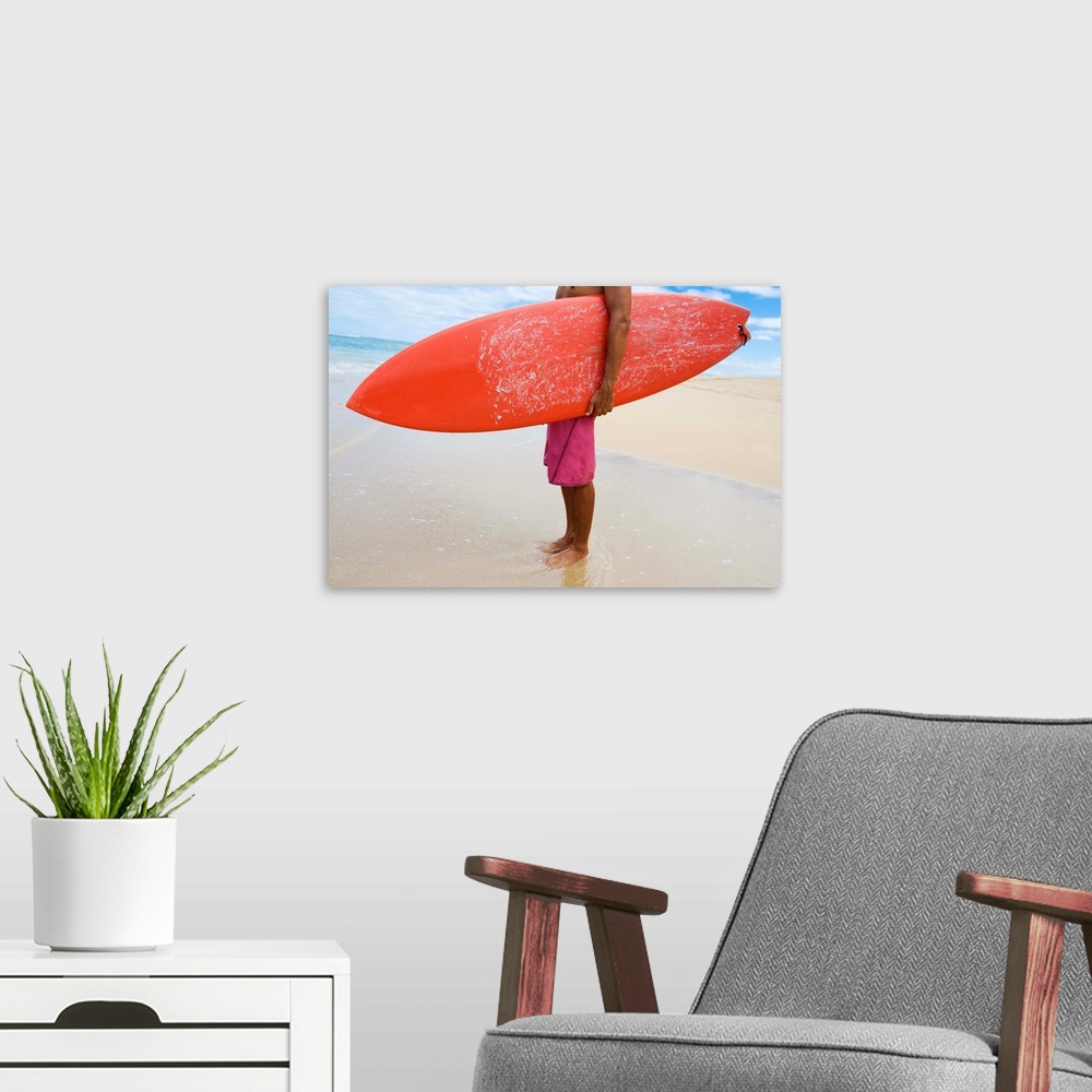 A modern room featuring Hawaii, Kauai, Man Holding Surfboard On Beach, View From Side