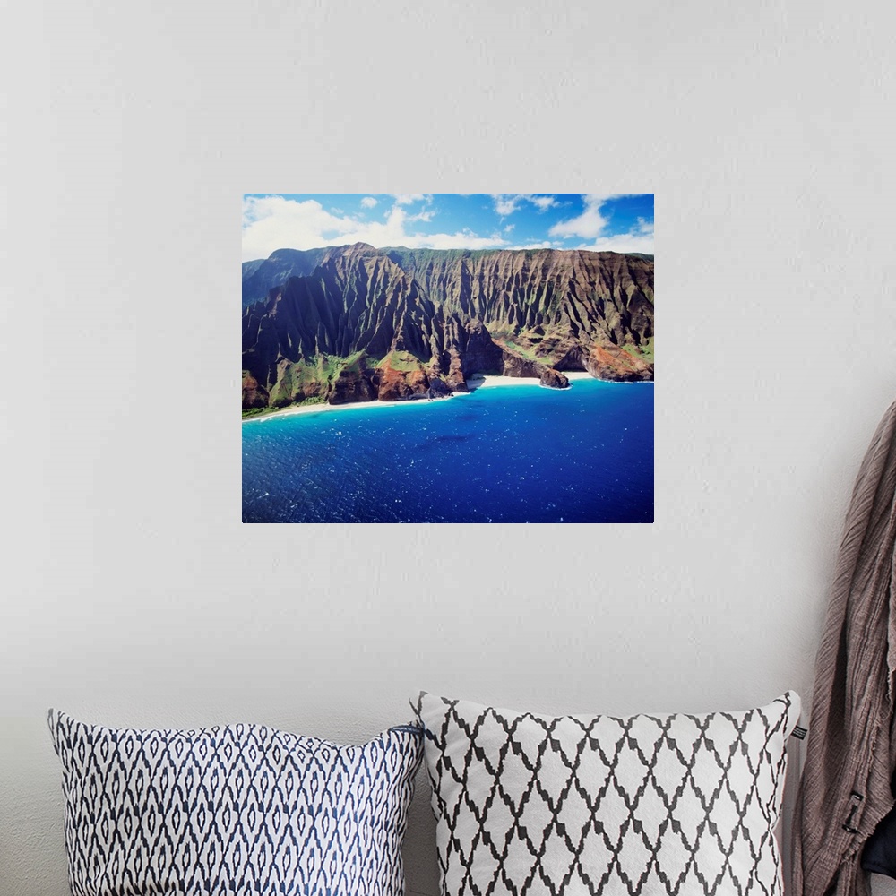 A bohemian room featuring Hawaii, Kauai, Na Pali Coast, Aerial Along Coastline, Rugged Cliffs And Ocean