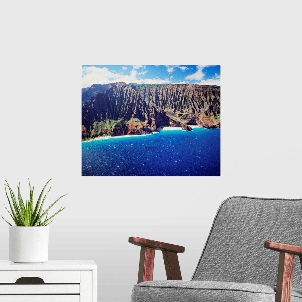 A modern room featuring Hawaii, Kauai, Na Pali Coast, Aerial Along Coastline, Rugged Cliffs And Ocean