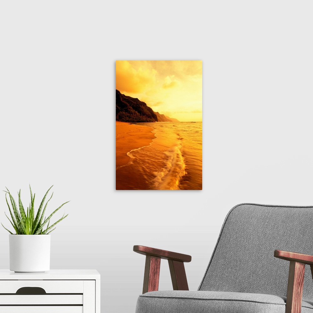A modern room featuring Hawaii, Kauai, Na Pali Coast, Beach At Sunset, With Foamy Surf And Cliff In Background