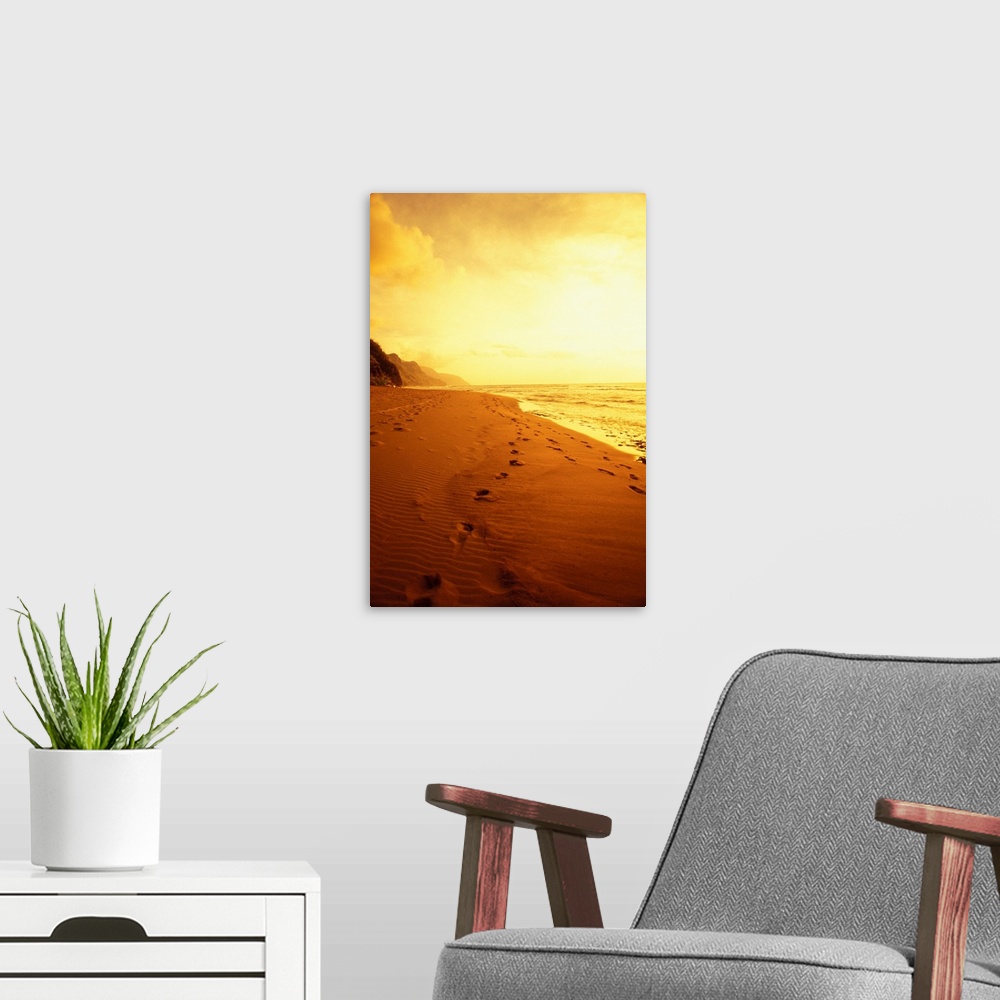 A modern room featuring Hawaii, Kauai, Na Pali Coast, Beach At Sunset With Footprints In Sand