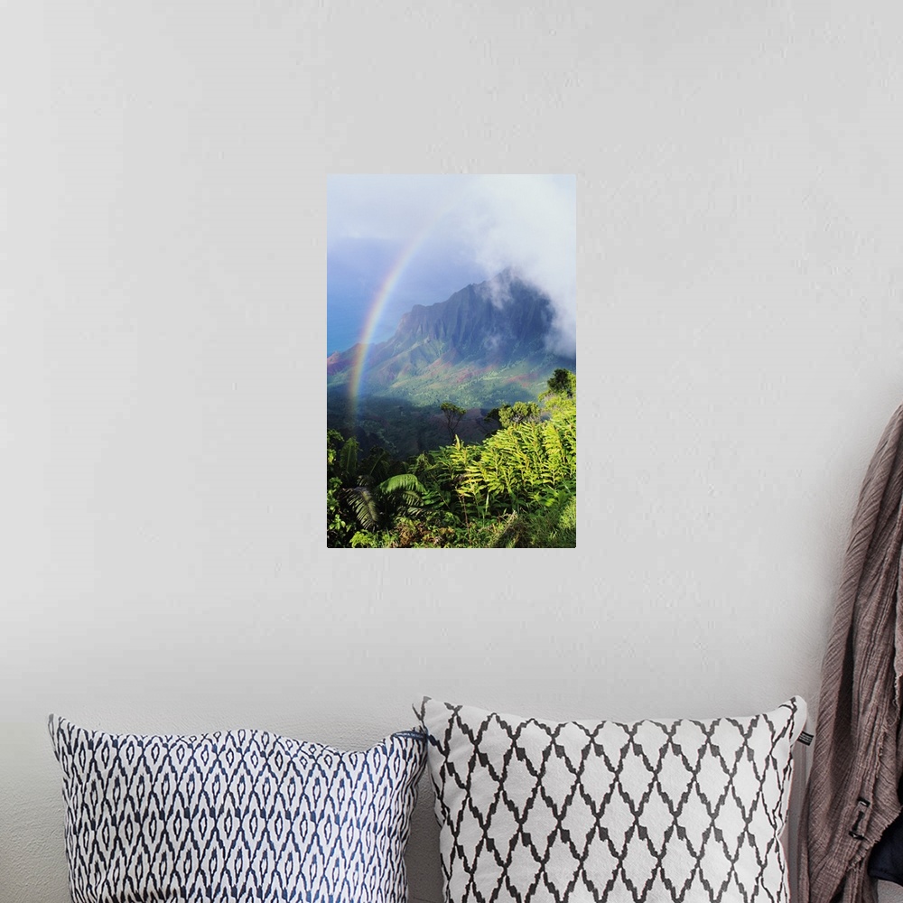 A bohemian room featuring Hawaii, Kauai, Na Pali Coast, Kokee State Park, Kalalau Valley viewpoint with rainbow