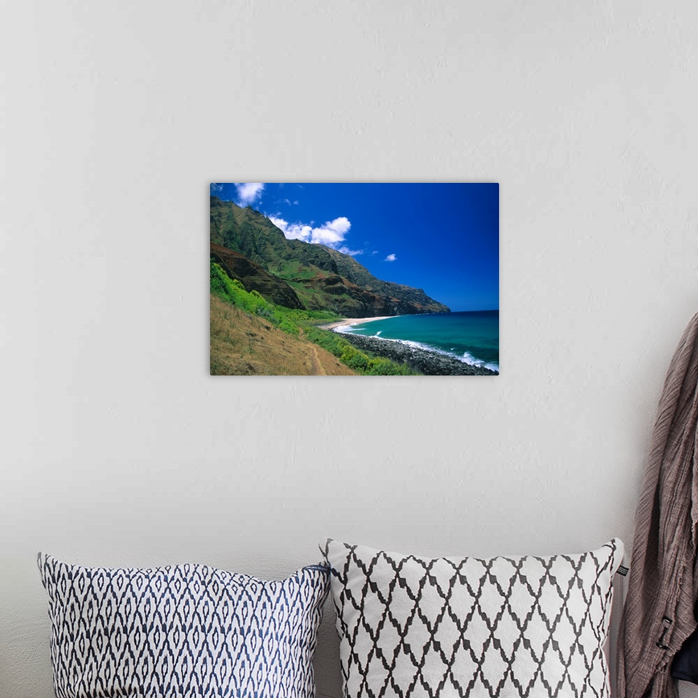 A bohemian room featuring Hawaii, Kauai, Na Pali Coast, Trail Ending At Kalalau Beach, Blue Skies