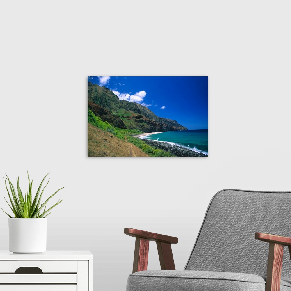 A modern room featuring Hawaii, Kauai, Na Pali Coast, Trail Ending At Kalalau Beach, Blue Skies