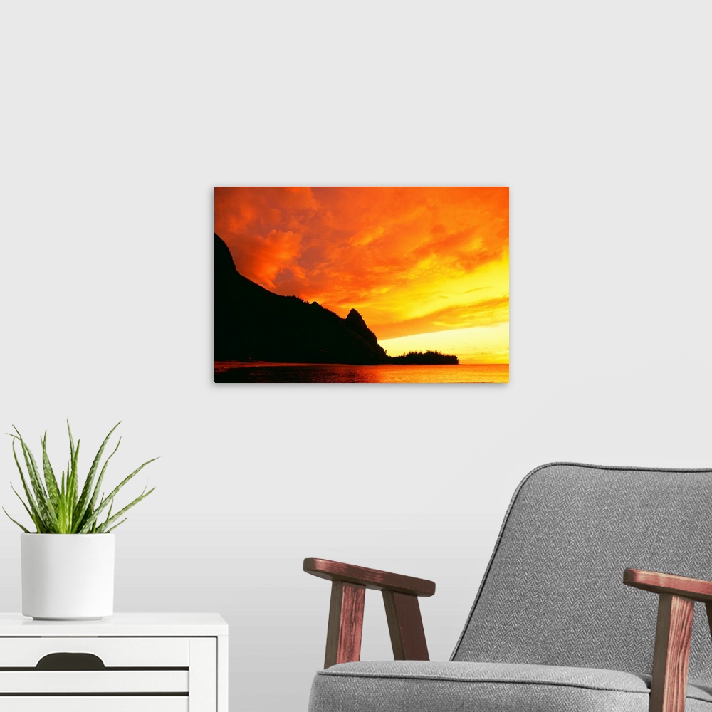 A modern room featuring Hawaii, Kauai, Napali Coast, Bali Hai At Sunset, Bright Orange Sky And Calm Ocean