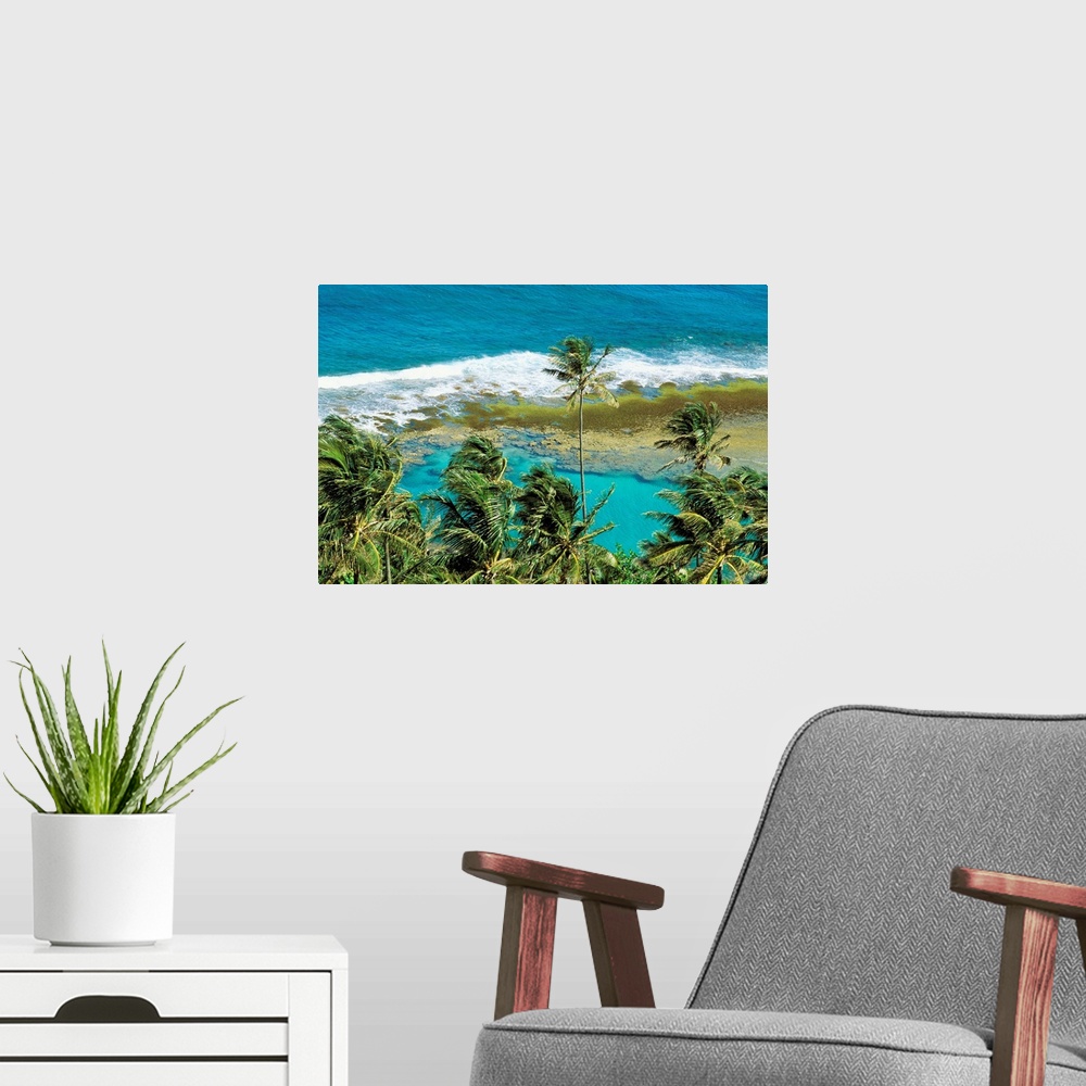 A modern room featuring Hawaii, Kauai, Napali Coast, Palm Trees, Ocean With Breaking Waves