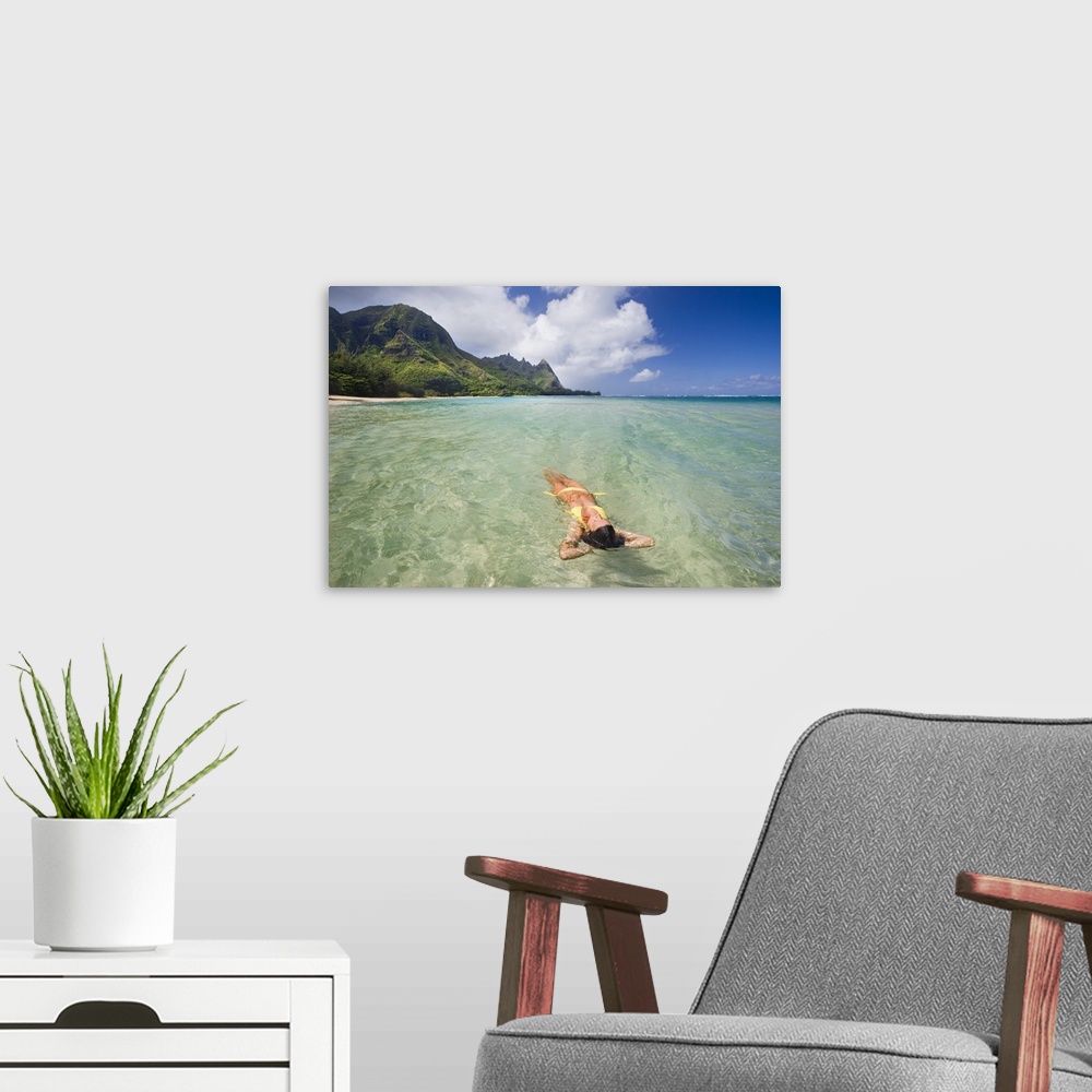 A modern room featuring Hawaii, Kauai, Tunnels Beach, Woman Floating In The Ocean
