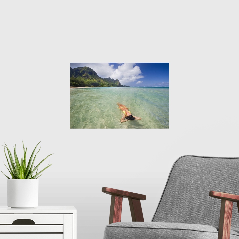 A modern room featuring Hawaii, Kauai, Tunnels Beach, Woman Floating In The Ocean