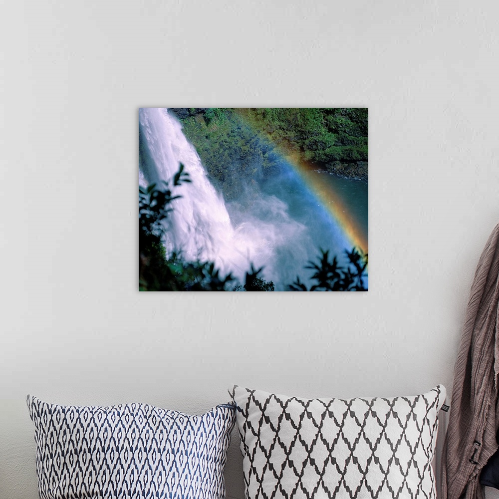 A bohemian room featuring Hawaii, Kauai, View Looking Down Wailua Falls With Rainbow Arching