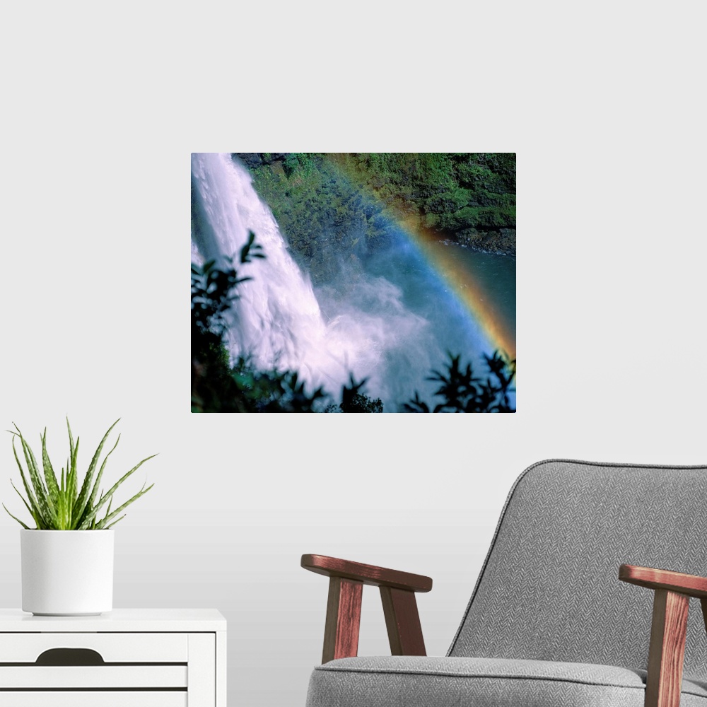 A modern room featuring Hawaii, Kauai, View Looking Down Wailua Falls With Rainbow Arching