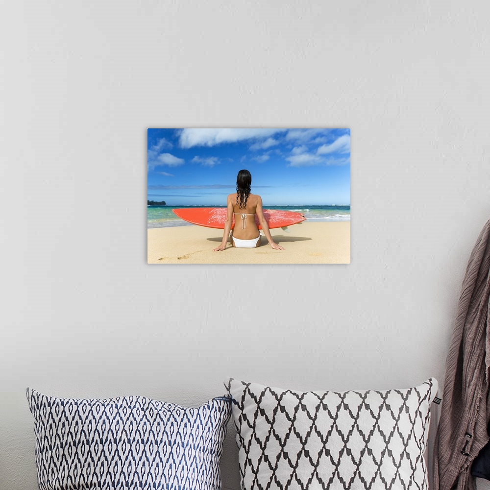 A bohemian room featuring Hawaii, Kauai, Woman Sitting On Beach With Surfboard
