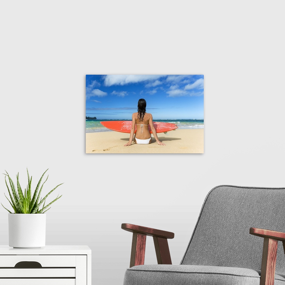 A modern room featuring Hawaii, Kauai, Woman Sitting On Beach With Surfboard