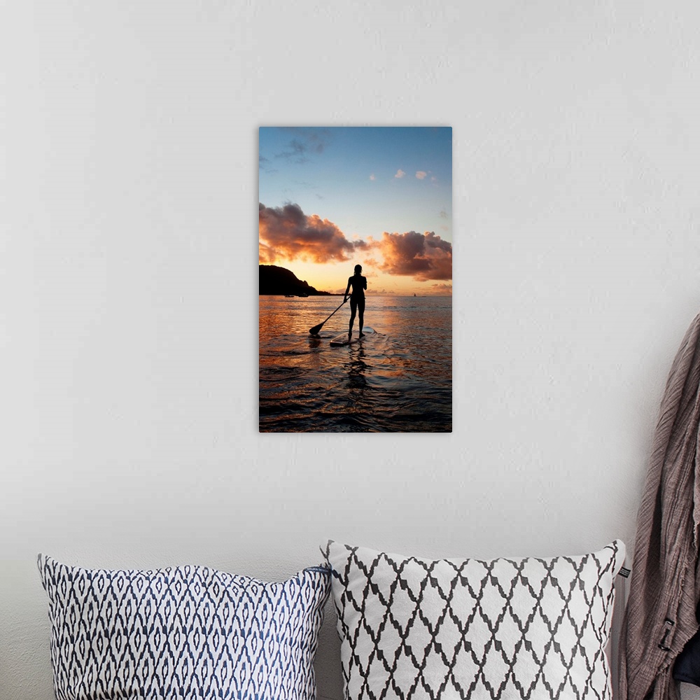 A bohemian room featuring Hawaii, Kauai, Woman Stand Up Paddling In Ocean, Beautiful Sunset